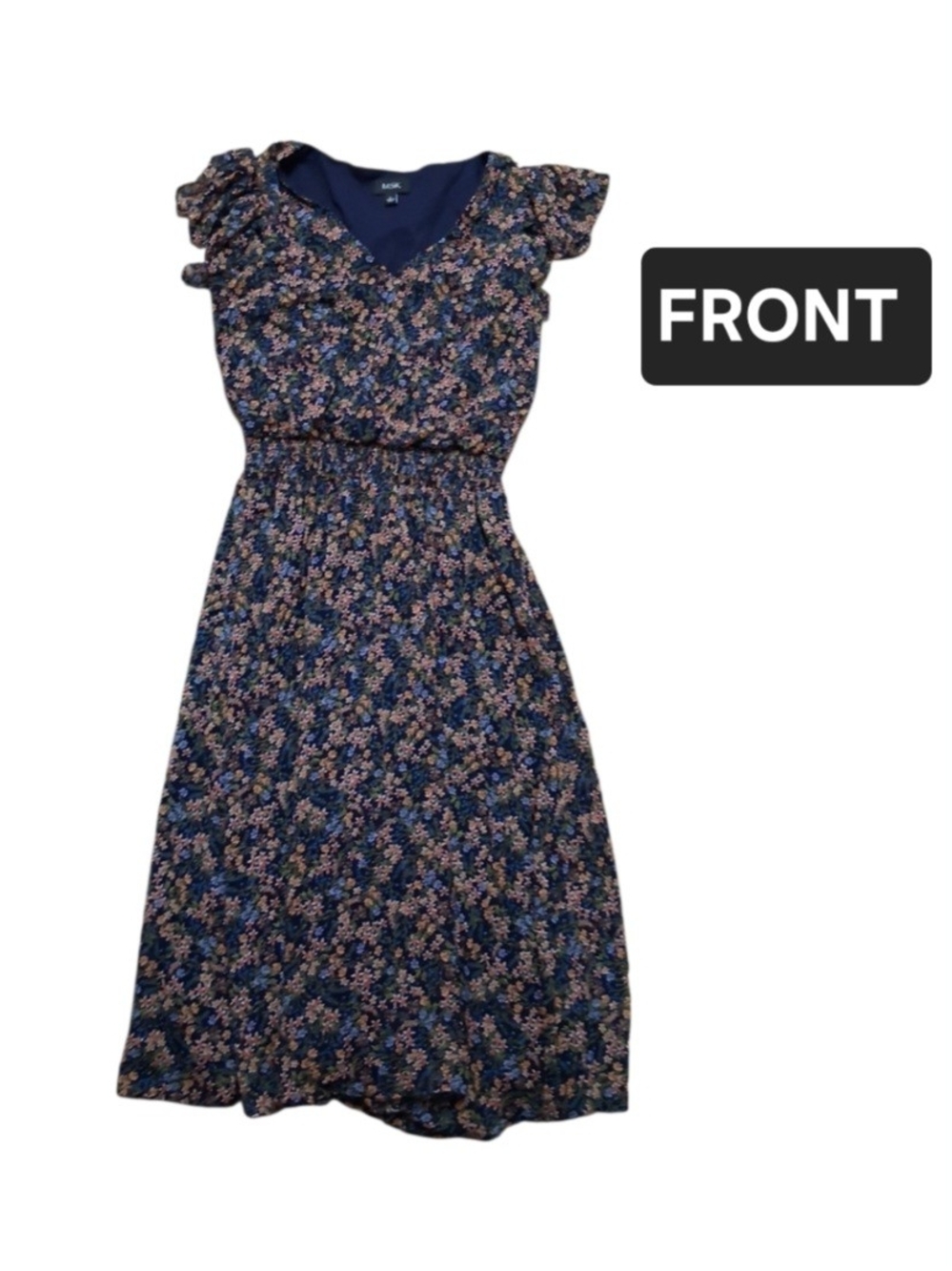 MSK Navy Floral Midi Dress with Ruffle Shoulders